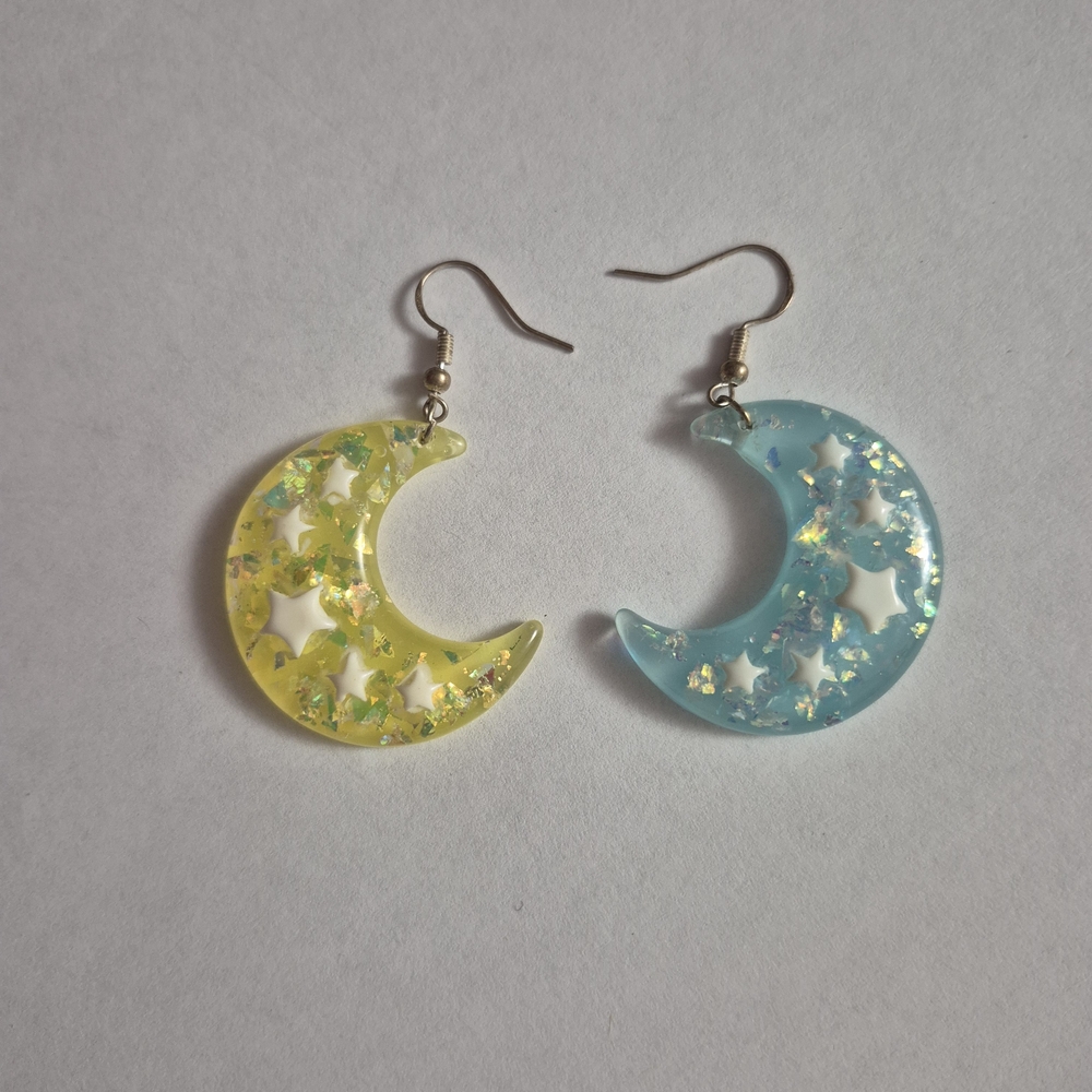 Yellow and Blue Starry Moon Earrings